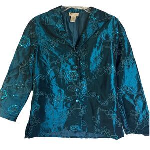 Renaissance Sz Small Turquoise Sequin Jacket‎ Fully Embroidered Looks Like SILK